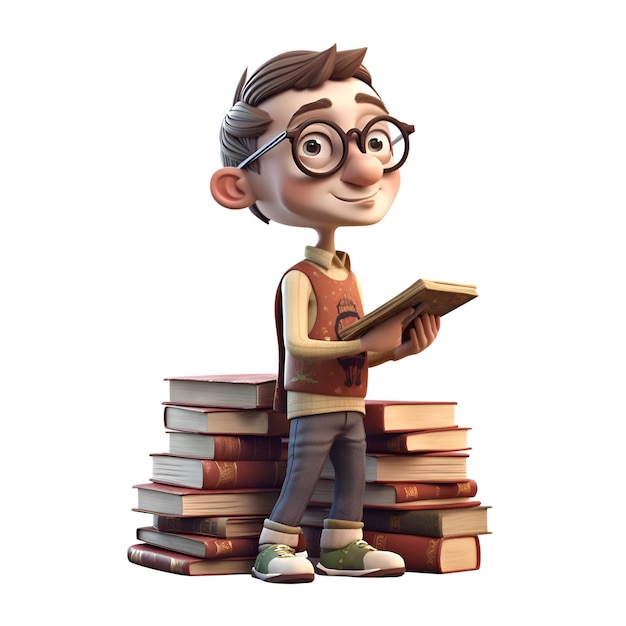 Rendering 3D di un ragazzo con gli occhiali e una pila di libri
