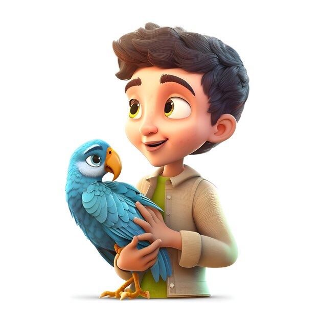 Rendering 3D di un ragazzo con un pappagallo su sfondo bianco