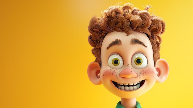 Rendering 3D di un ragazzo felice dei cartoni animati con i capelli rossi ricci e gli occhi verdi Sta sorridendo e guardando la telecamera Il ragazzo indossa una camicia verde