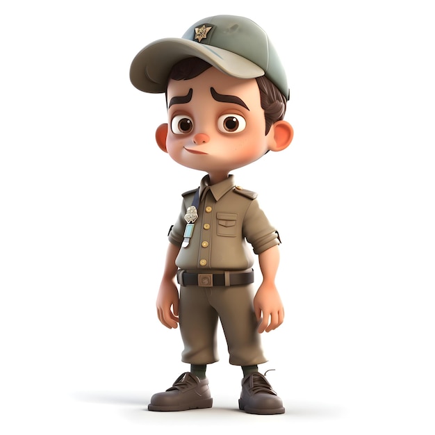 Rendering 3D di un ragazzo in uniforme scout con un'espressione triste