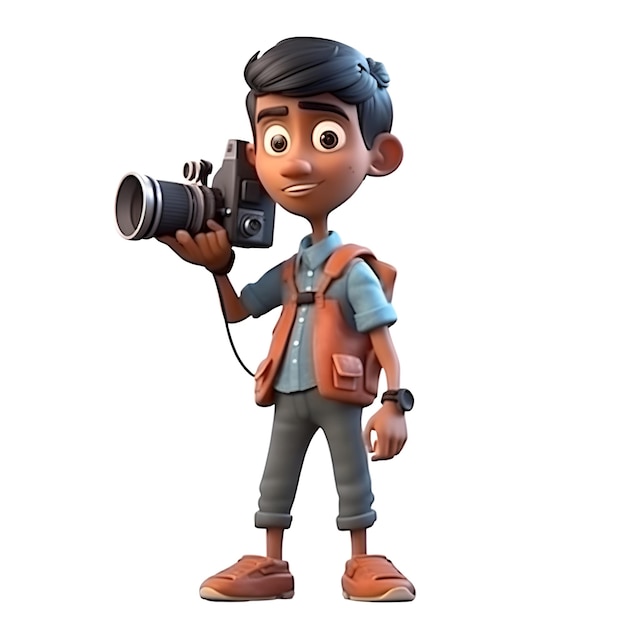 Rendering 3D di un ragazzo zaino in spalla cartone animato con una grande macchina fotografica