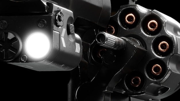 Rendering 3D di un revolver americano nero con un mirino a punto rosso e una torcia elettrica