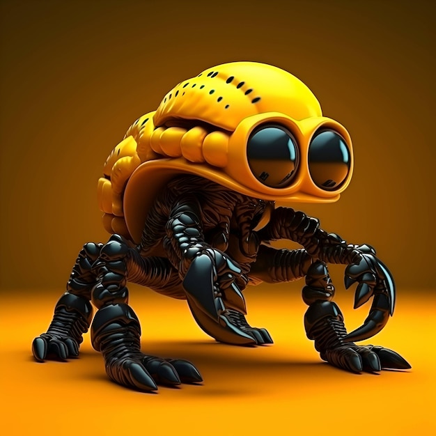 Rendering 3D di un robot giallo con occhiali su sfondo arancione