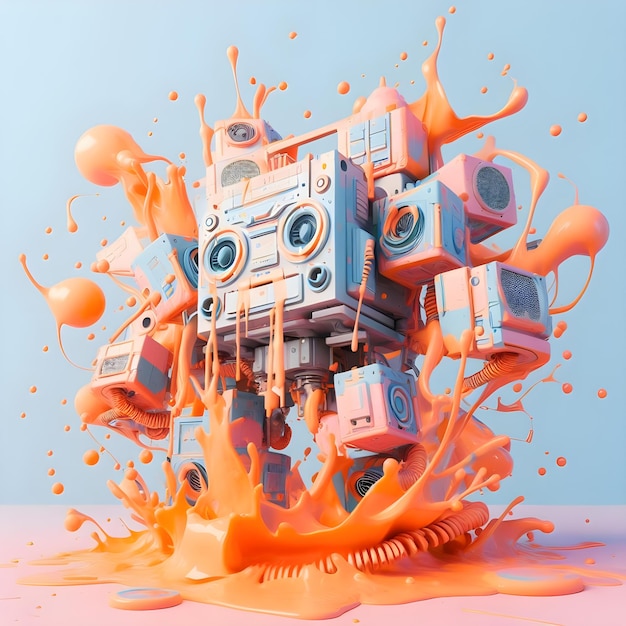 Rendering 3D di un robot in spruzzi di vernice arancione e blu