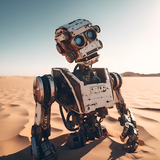 Rendering 3D di un robot nel deserto contro un cielo blu