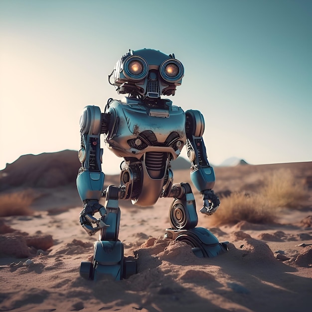 Rendering 3D di un robot nel deserto in una giornata di sole