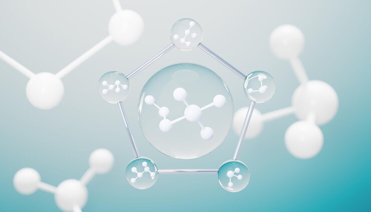 Rendering 3d di un semplice legame chimico nella cellula laterale o nelle molecole L'associato di atomi legame ioni e molecole Liquid goccia bolla sfondo Legame covalente Interazione biochimica