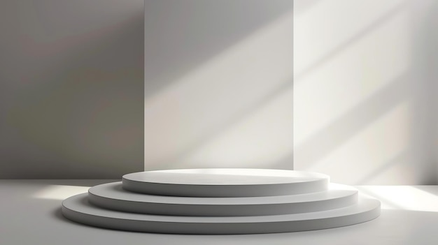 Rendering 3D di un semplice podio con tre gradini Il podio è posizionato in un vuoto bianco senza ombre