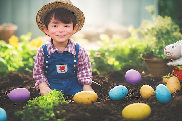 Rendering 3D di un simpatico contadino in giardino pieno di uova di Pasqua