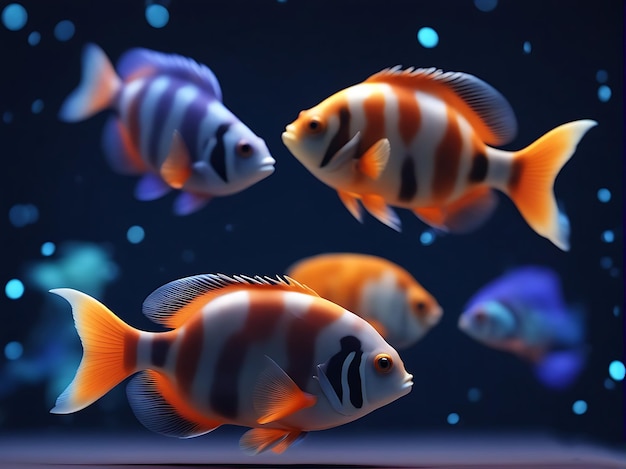 Rendering 3D di un simpatico pesce tropicale in un acquario su uno sfondo blu scuro generato dall'ai