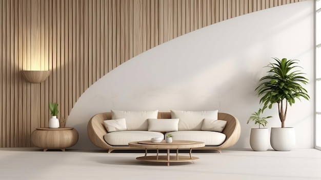 Rendering 3D di un soggiorno con un divano morbido rivestito di bianco su una panchina di legno e un tavolo di legno