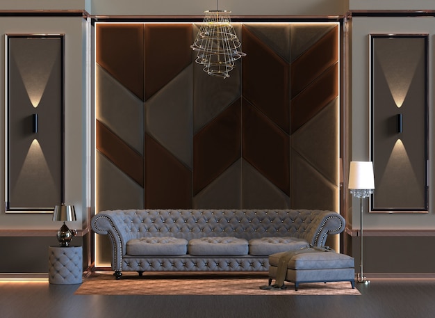 Rendering 3D di un soggiorno interno di design con lampada e pannello a parete imbottito