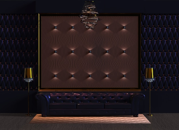 Rendering 3D di un soggiorno interno di design con lampada e pannello a parete imbottito