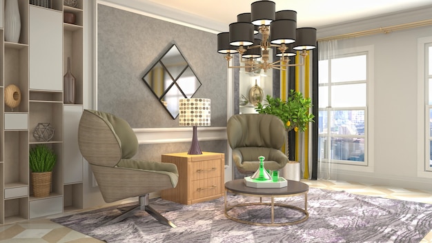 Rendering 3D di un soggiorno moderno e accogliente