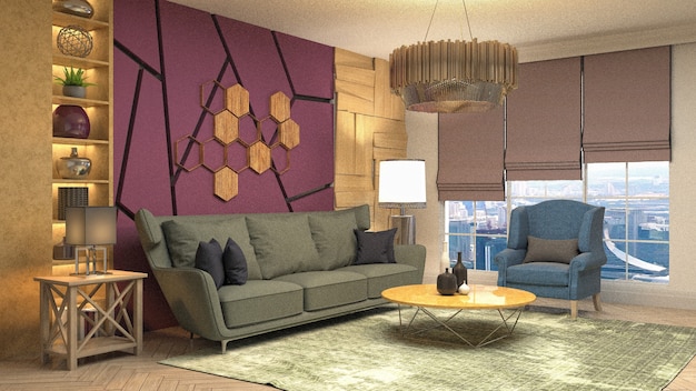 Rendering 3D di un soggiorno moderno e accogliente