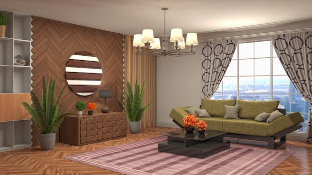 Rendering 3D di un soggiorno moderno