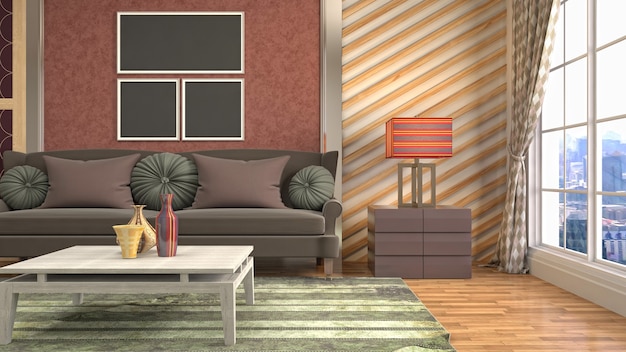 Rendering 3D di un soggiorno moderno