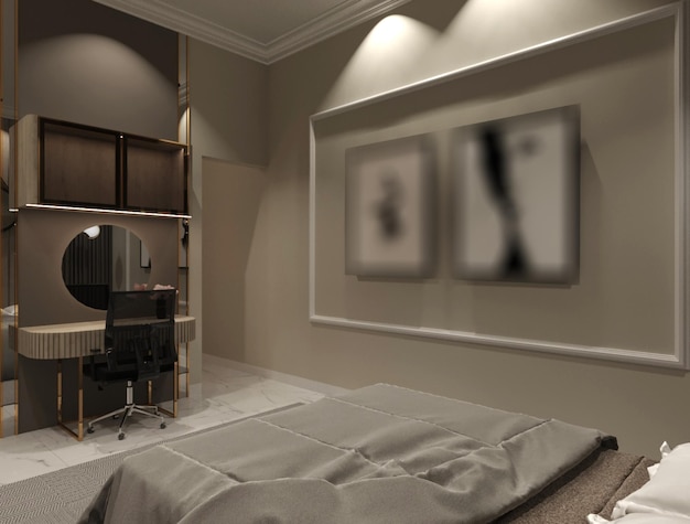 Rendering 3D di un sontuoso e accogliente design degli interni della camera da letto