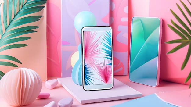 Rendering 3D di un telefono rosa e blu su uno sfondo rosa con una foglia tropicale