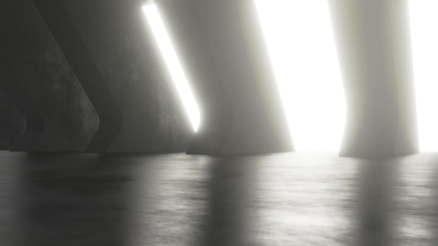Rendering 3D di un tunnel sci-fi astratto scuro con pavimento di cemento vuoto Corridoio spaziale futuristico