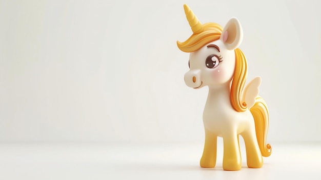 Rendering 3D di un unicorno carino e colorato L'unicorno è in piedi su uno sfondo bianco e ha un corno d'oro ali e criniera