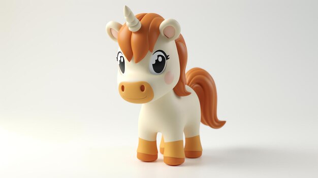 Rendering 3D di un unicorno carino e colorato L'unicorno è in piedi su uno sfondo bianco e ha un'espressione felice sul suo viso