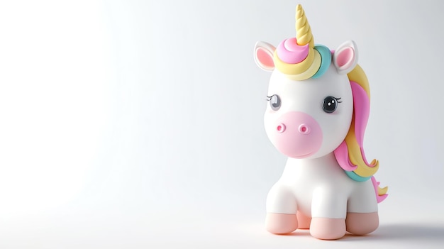 Rendering 3D di un unicorno carino e colorato L'unicorno è seduto su uno sfondo bianco e ha un corno dorato una criniera e una coda rosa e occhi blu