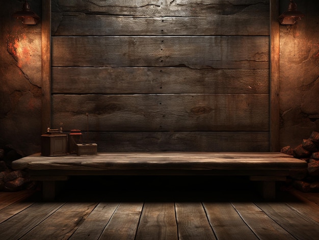 Rendering 3D di un vecchio tavolo di legno su uno sfondo di parete grunge con legno di assi di riflettori