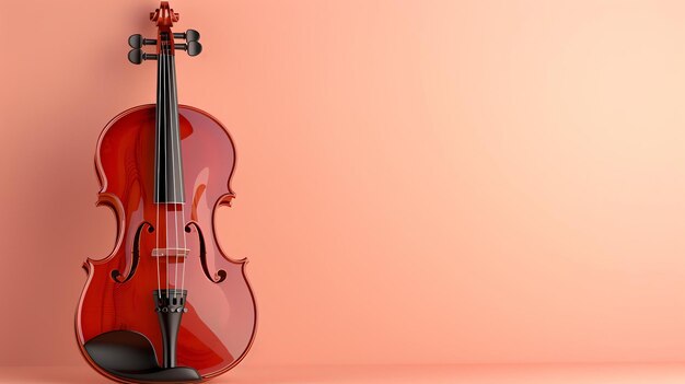 Rendering 3D di un violino posizionato su uno sfondo rosa solido Il violino è di colore marrone rossastro con corde nere e una coda nera