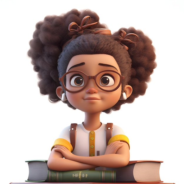 Rendering 3D di una bambina afroamericana con occhiali e libri