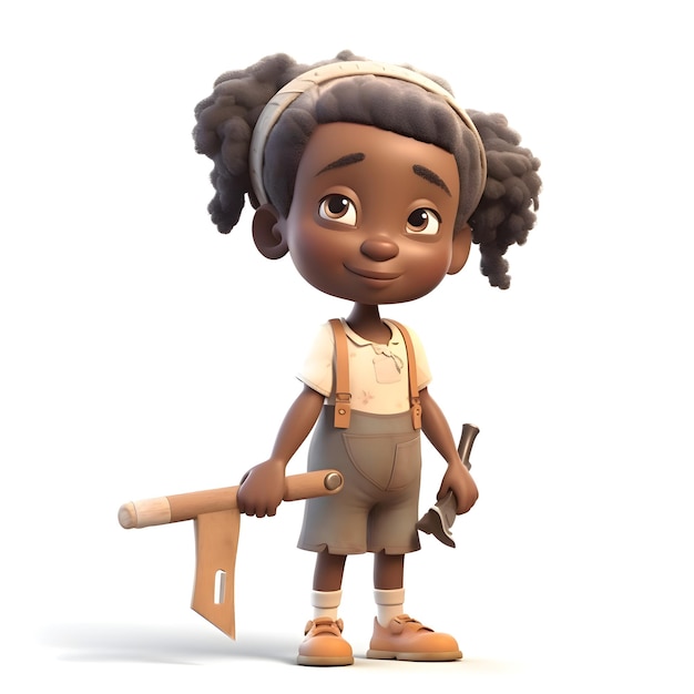 Rendering 3D di una bambina afroamericana con un'ascia su sfondo bianco