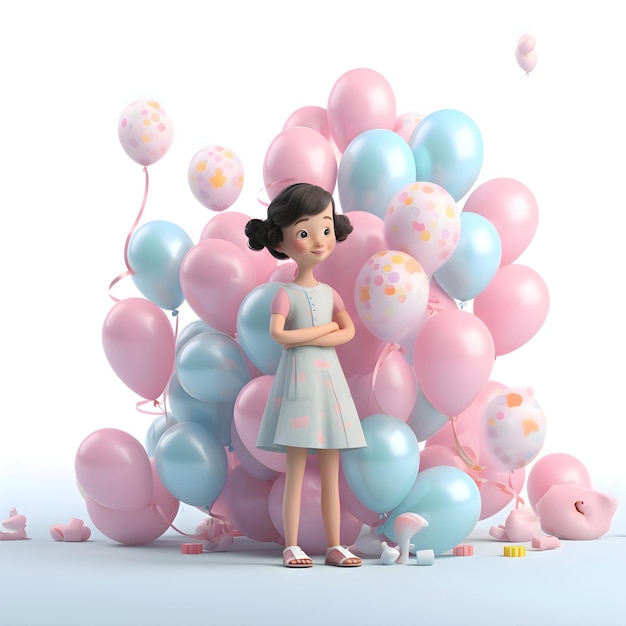 Rendering 3D di una bambina carina con palloncini rosa e blu