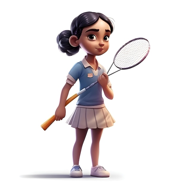 Rendering 3D di una bambina che gioca a tennis isolata su sfondo bianco