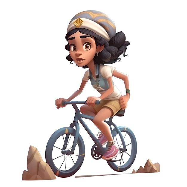 Rendering 3D di una bambina che guida una bicicletta nel deserto