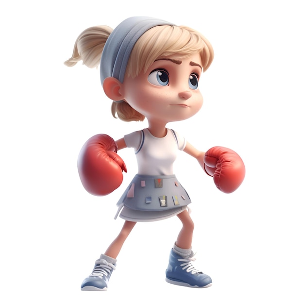 Rendering 3D di una bambina con guantoni da boxe su sfondo bianco