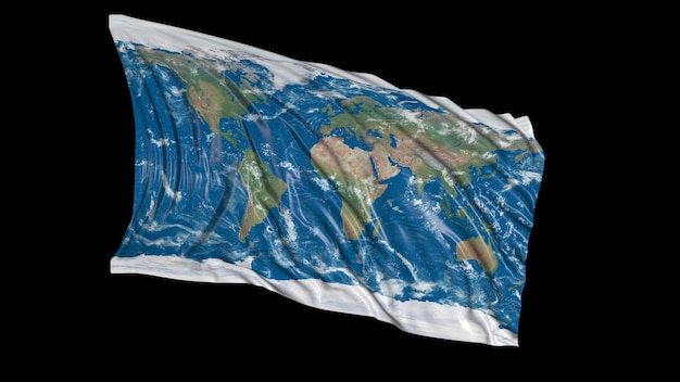 Rendering 3D di una bandiera con la trama del pianeta Terra La bandiera si sviluppa dolcemente nel vento