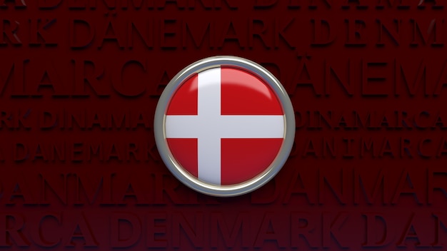 Rendering 3D di una bandiera nazionale della Danimarca nel pulsante lucido su rosso scuro