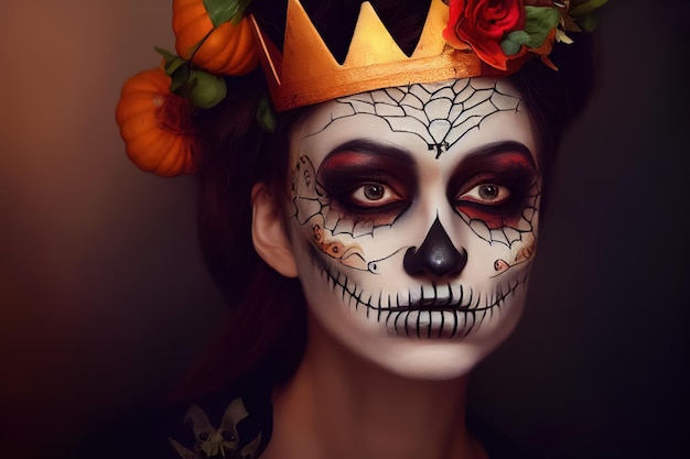 Rendering 3D di una bella donna con un trucco per il giorno dei morti per halloween