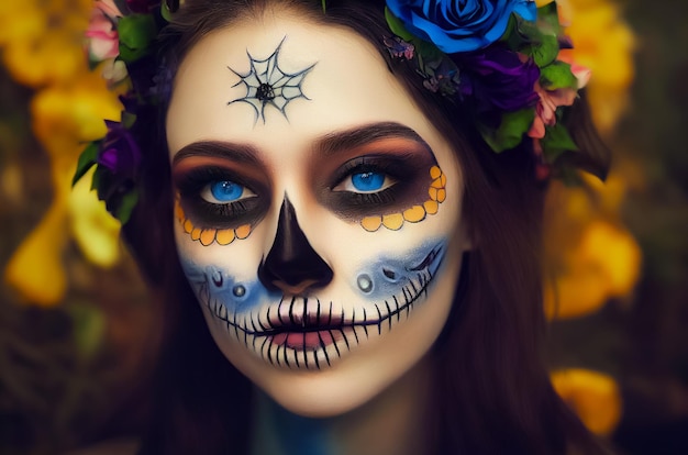 Rendering 3D di una bella donna con un trucco per il giorno dei morti per halloween