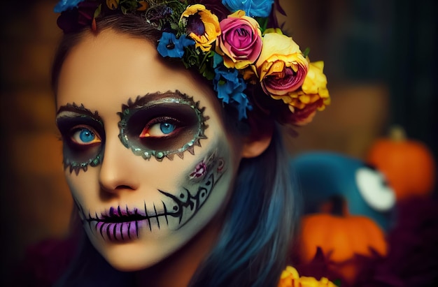 Rendering 3D di una bella donna con un trucco per il giorno dei morti per halloween