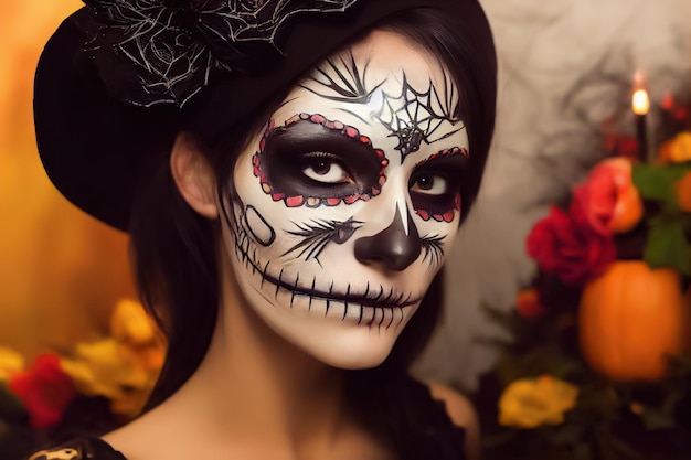 Rendering 3D di una bella donna con un trucco per il giorno dei morti per halloween