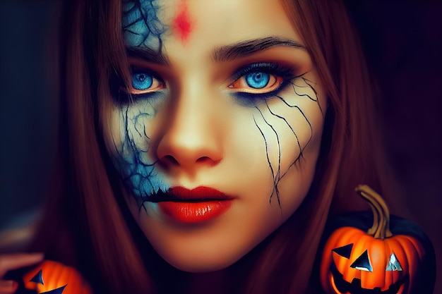 Rendering 3D di una bella donna con un trucco per la decorazione di halloween e halloween