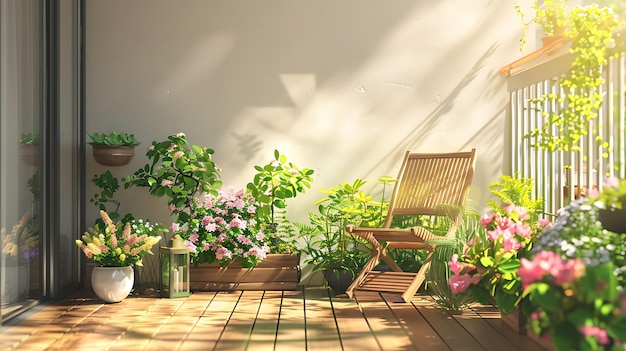 Rendering 3D di una bella terrazza con una poltrona e fiori