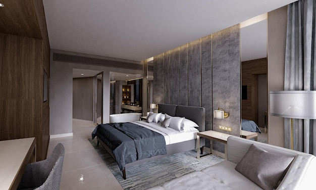 Rendering 3D di una bellissima camera da letto contemporanea in un hotel