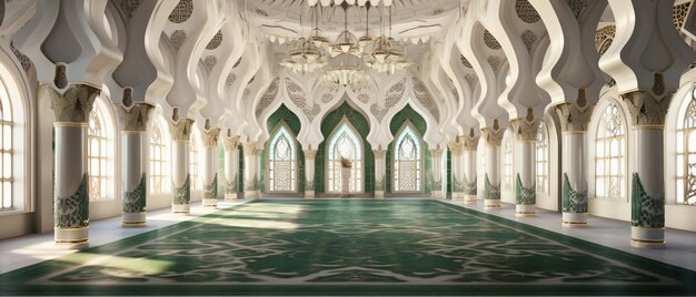 Rendering 3D di una bellissima moschea con pareti bianche e un tappeto verde