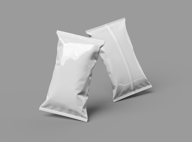 Rendering 3D di una borsa di imballaggio di spuntini a cuscino su uno sfondo grigio