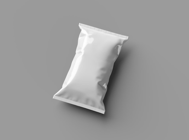 Rendering 3D di una borsa di imballaggio di spuntini a cuscino su uno sfondo grigio