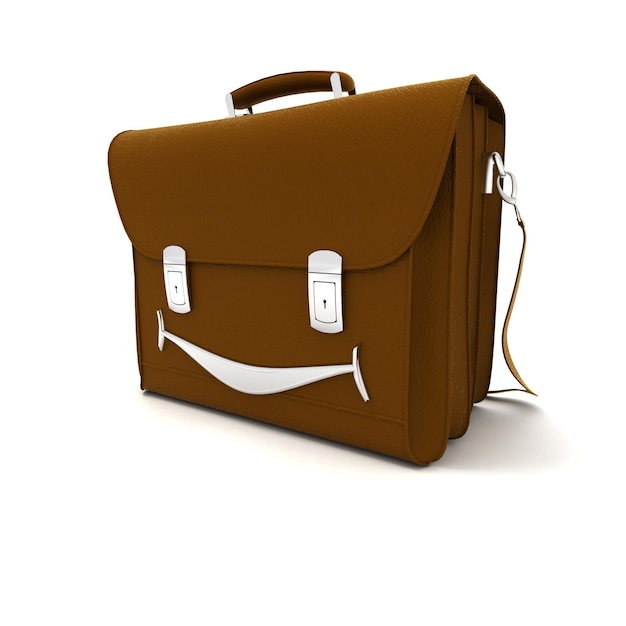 Rendering 3D di una borsa in pelle con un ampio sorriso