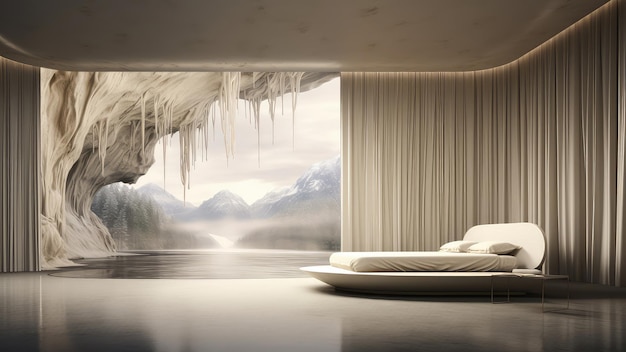 Rendering 3D di una camera da letto con una grande finestra che si affaccia su un albero, un abeto, un lago e una scena di montagna