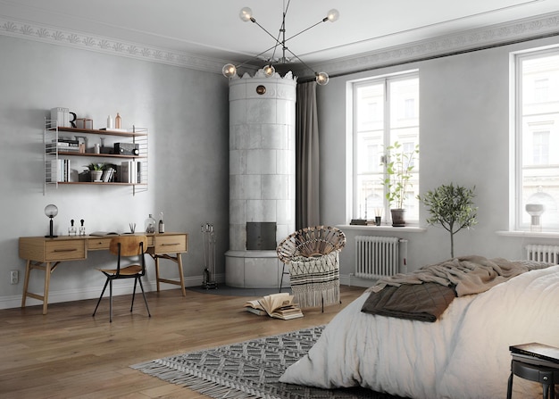 Rendering 3D di una camera da letto elegante